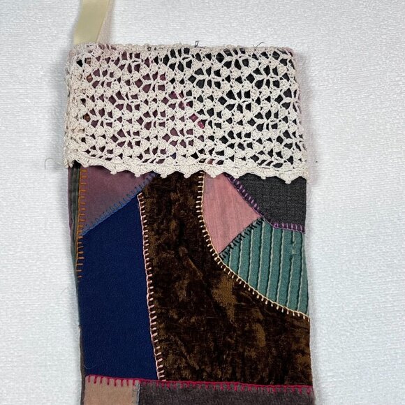 Vintage Crazy Quilt Patchwork Stocking Lace‎ Trim Top Christmas - Picture 2 of 11